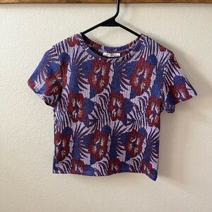 Zara Trafaluc Women’s Jacquard Tropical Floral Top Size S Lavender Red Blue